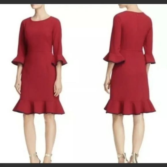 Nanette Lepore Cranberry Flounce Bell Sleeve Ruffled Crepe Knee Length Dress 8 - Picture 1 of 13
